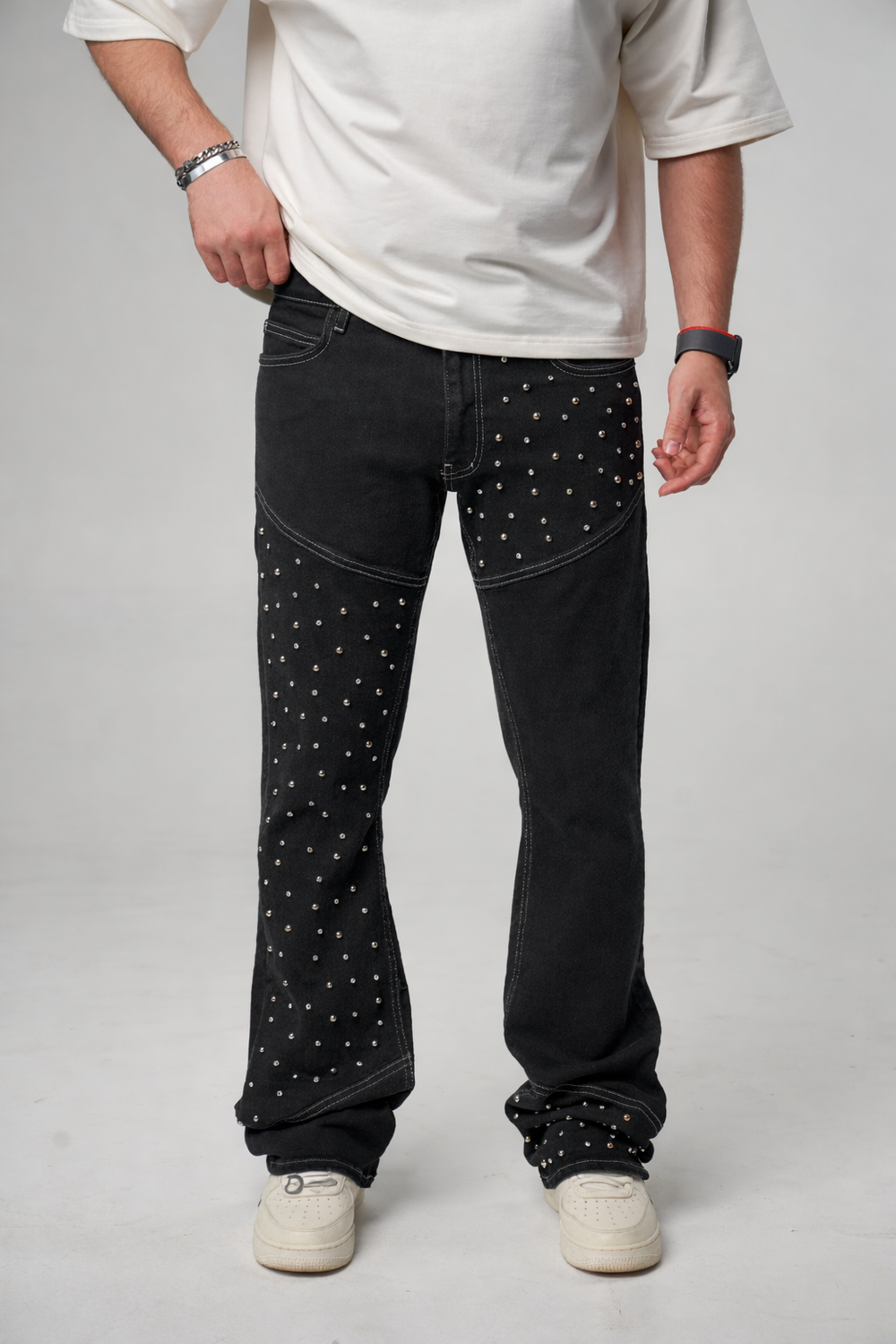Jeans Flare Strass Cloutés Noir