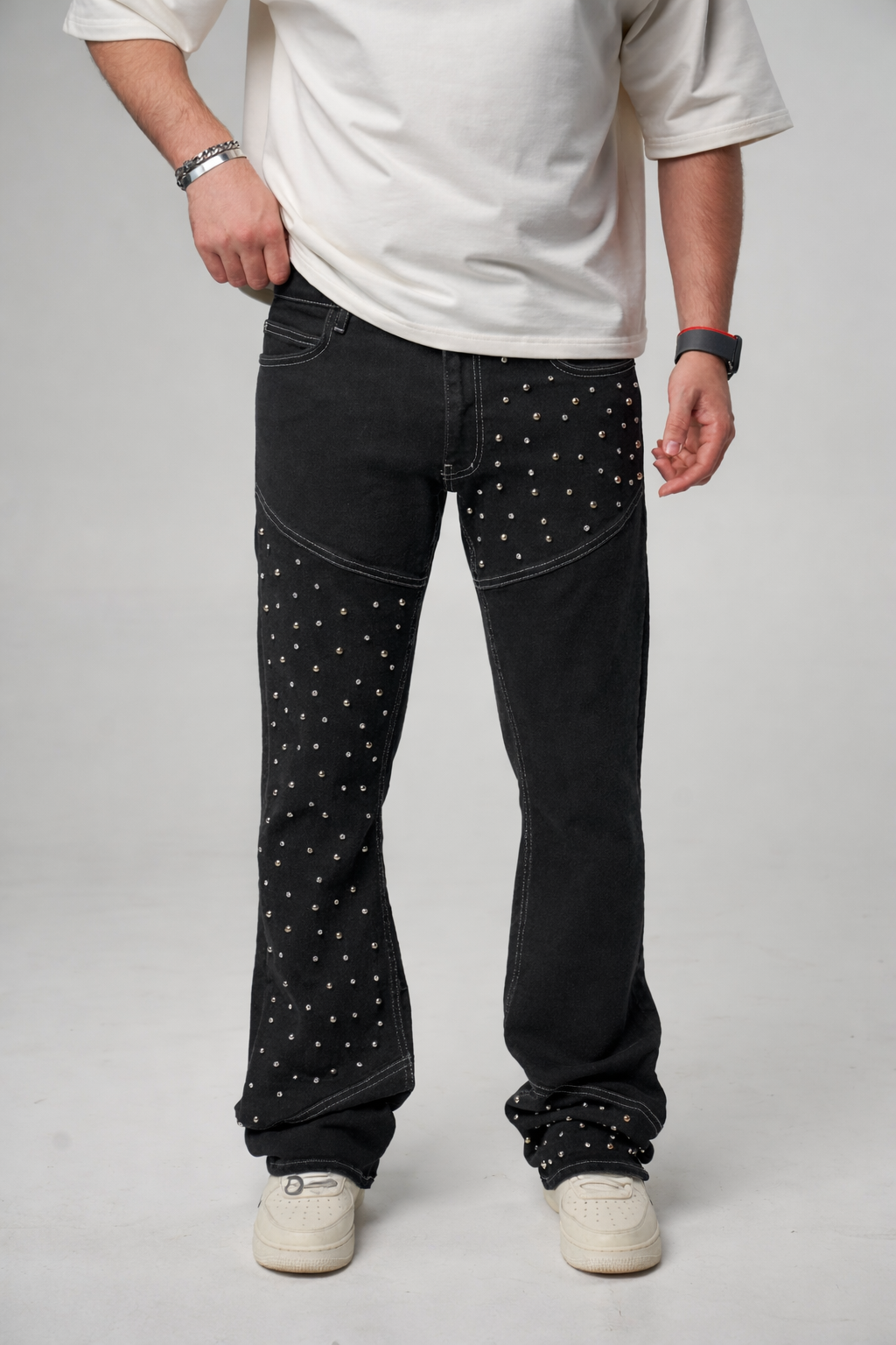 Jeans Flare Strass Cloutés Noir