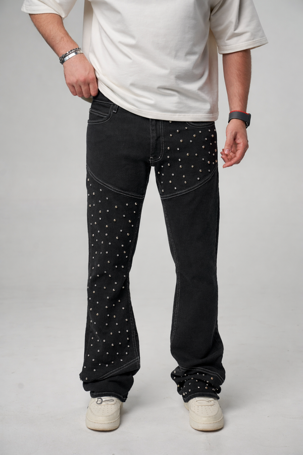 Jeans Flare Strass Cloutés Noir