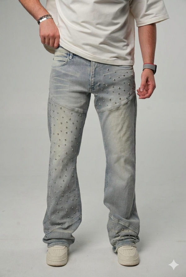 Jeans Flare Strass Cloutés Bleu