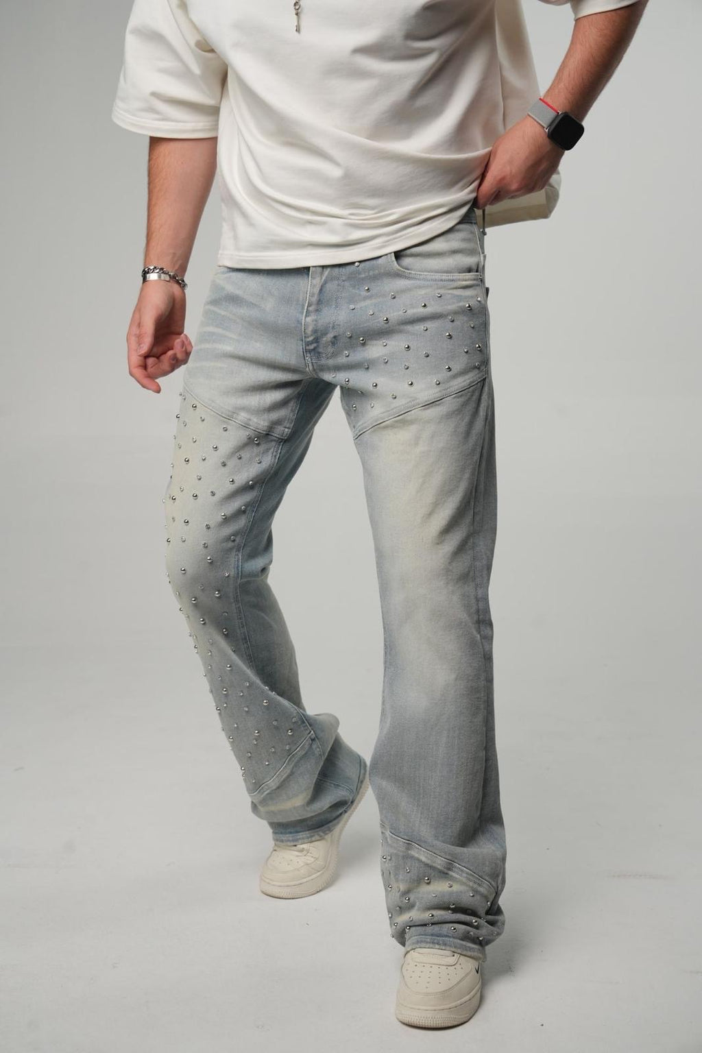 Jeans Flare Strass Cloutés Bleu