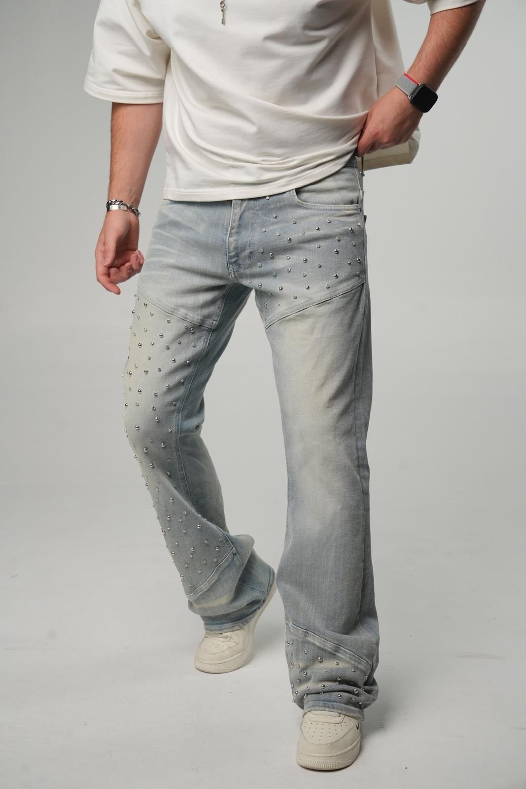 Jeans Flare Strass Cloutés Bleu