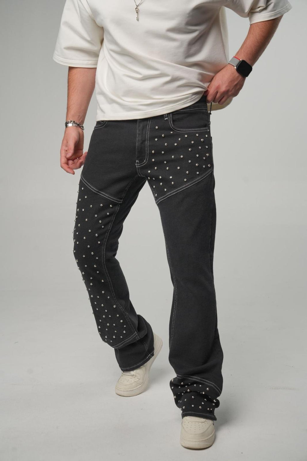 Jeans Flare Strass Cloutés Noir