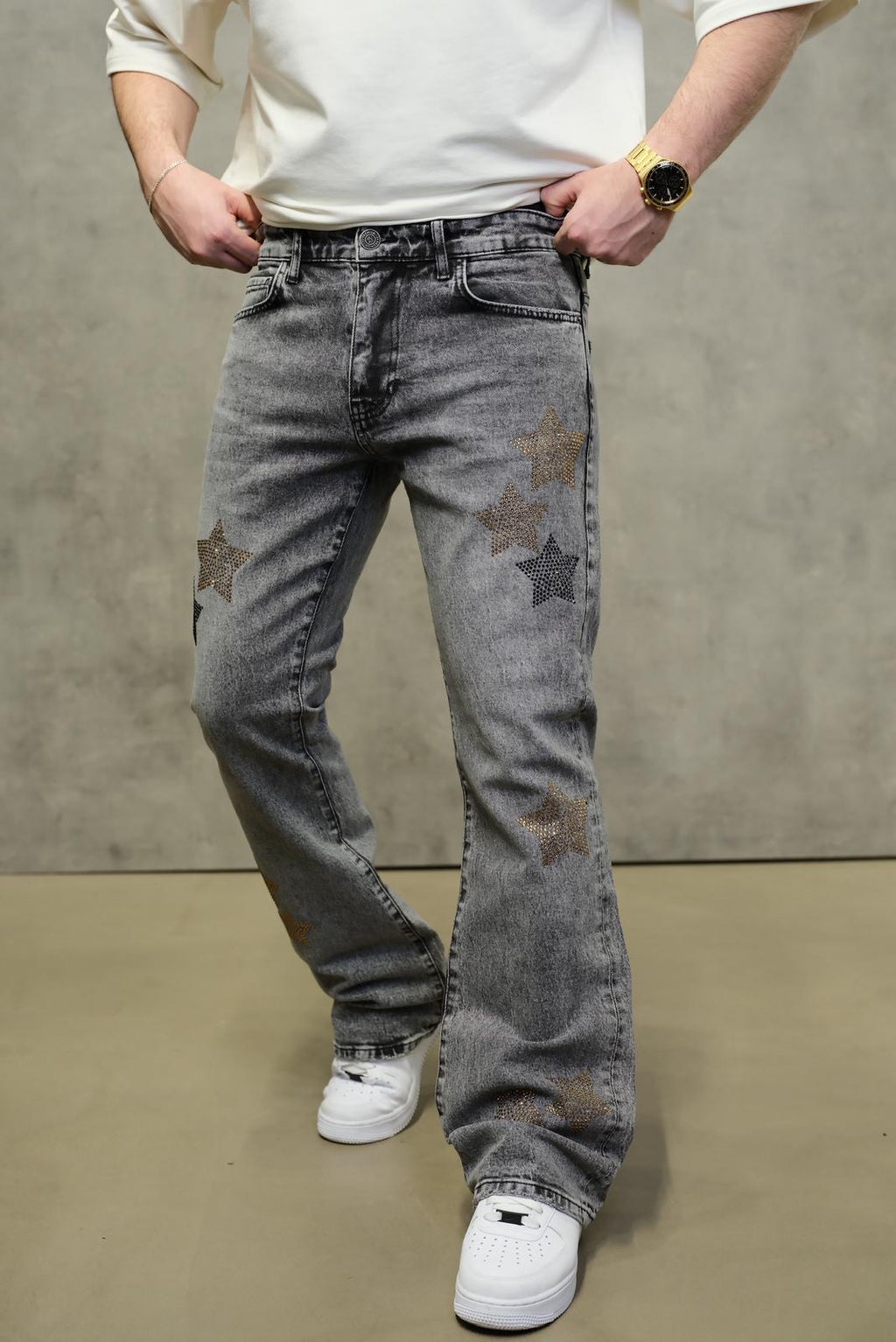 Jeans Flare Étoiles Strass Gris