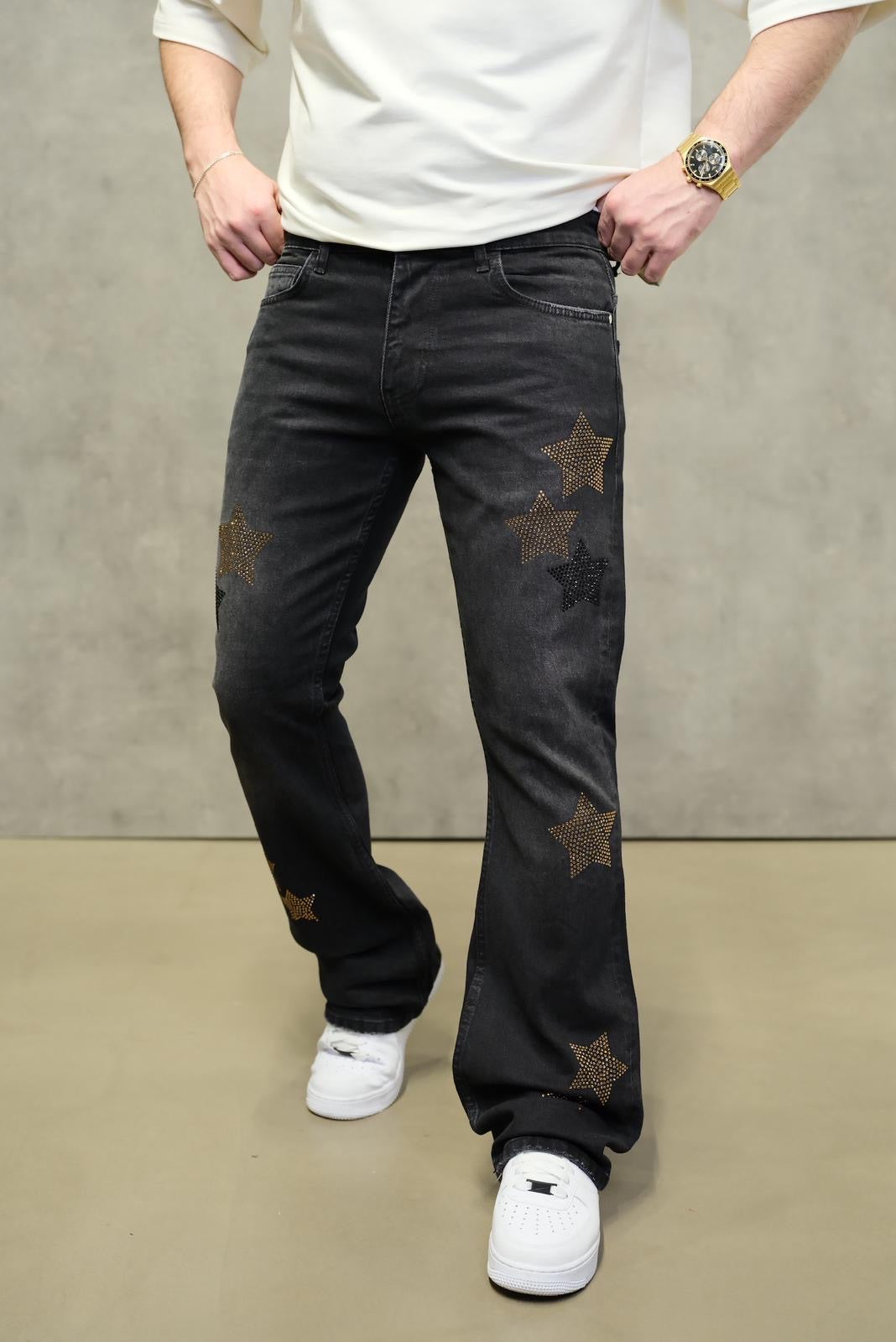 Jeans Flare Étoiles Strass Noir