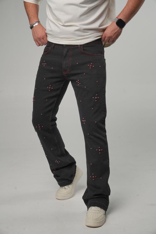 Jeans Flare Strass Rouge