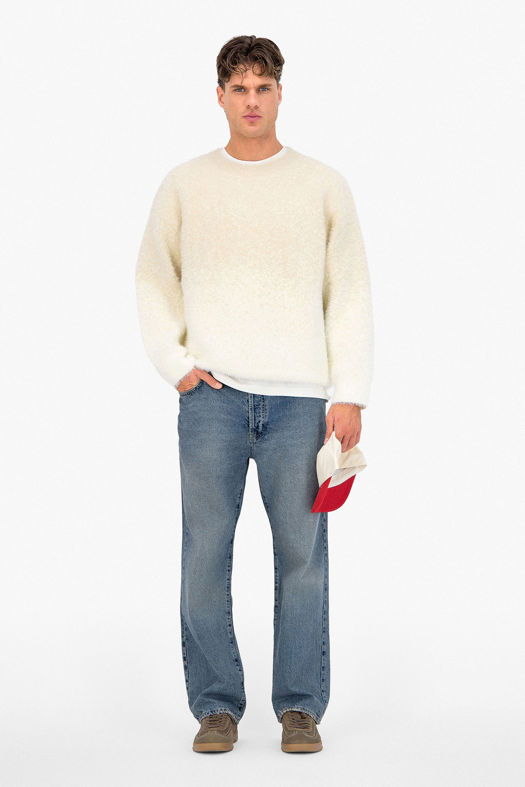 Fluffy Knit Pullover Grey Beige