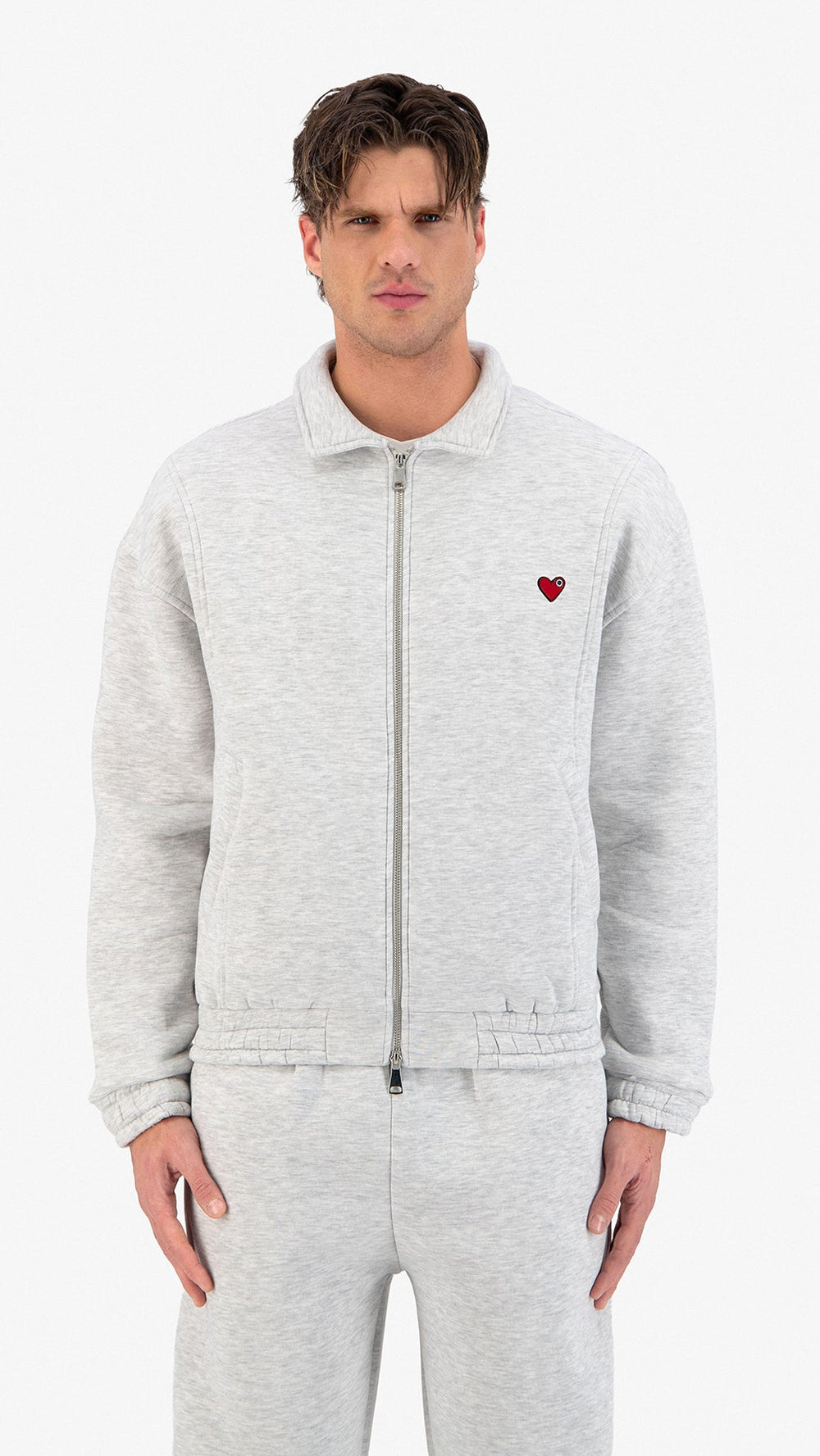 Neoprene Effect Zipper Hoodie Blanc Gris