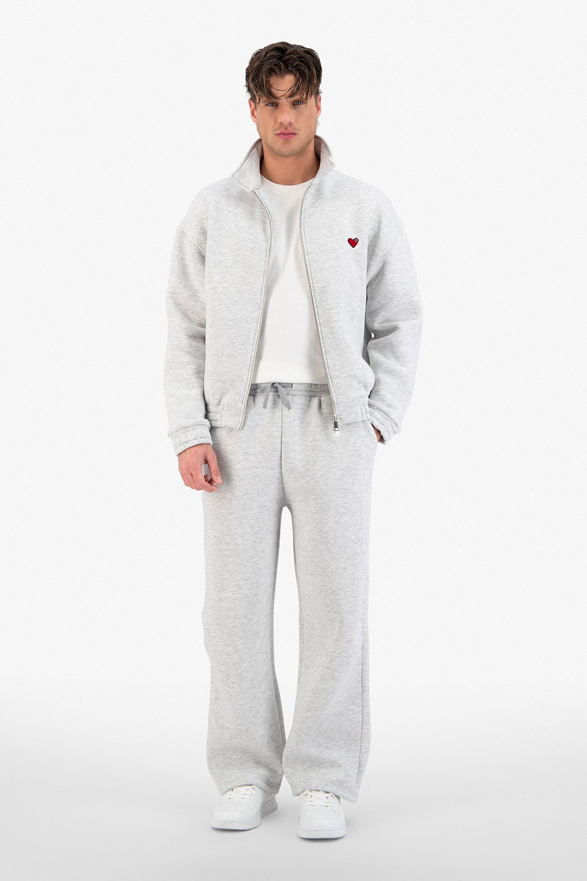 Neoprene Effect Zipper Hoodie Blanc Gris