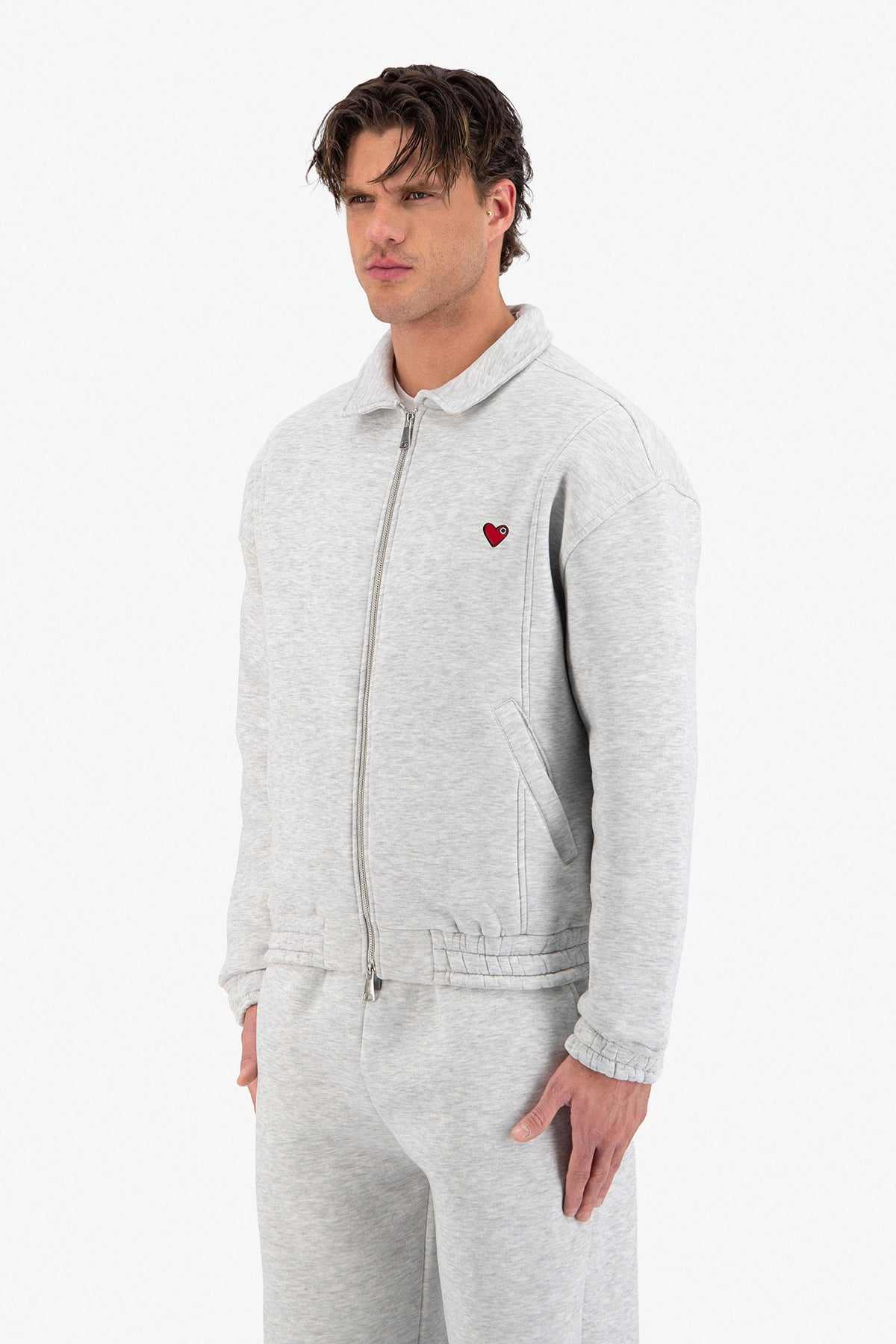 Neoprene Effect Zipper Hoodie Blanc Gris