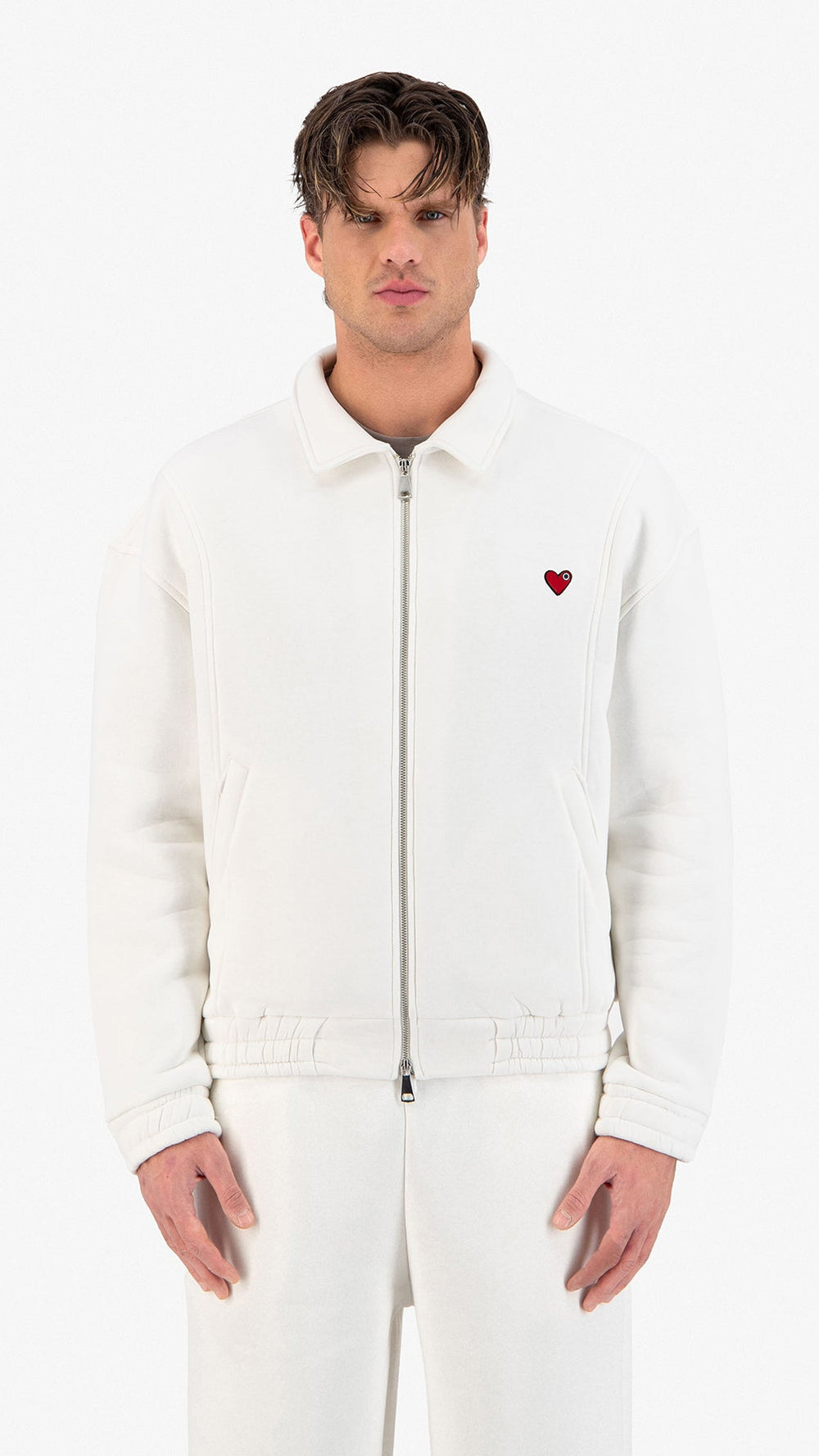 Neoprene Effect Zipper Hoodie Blanc