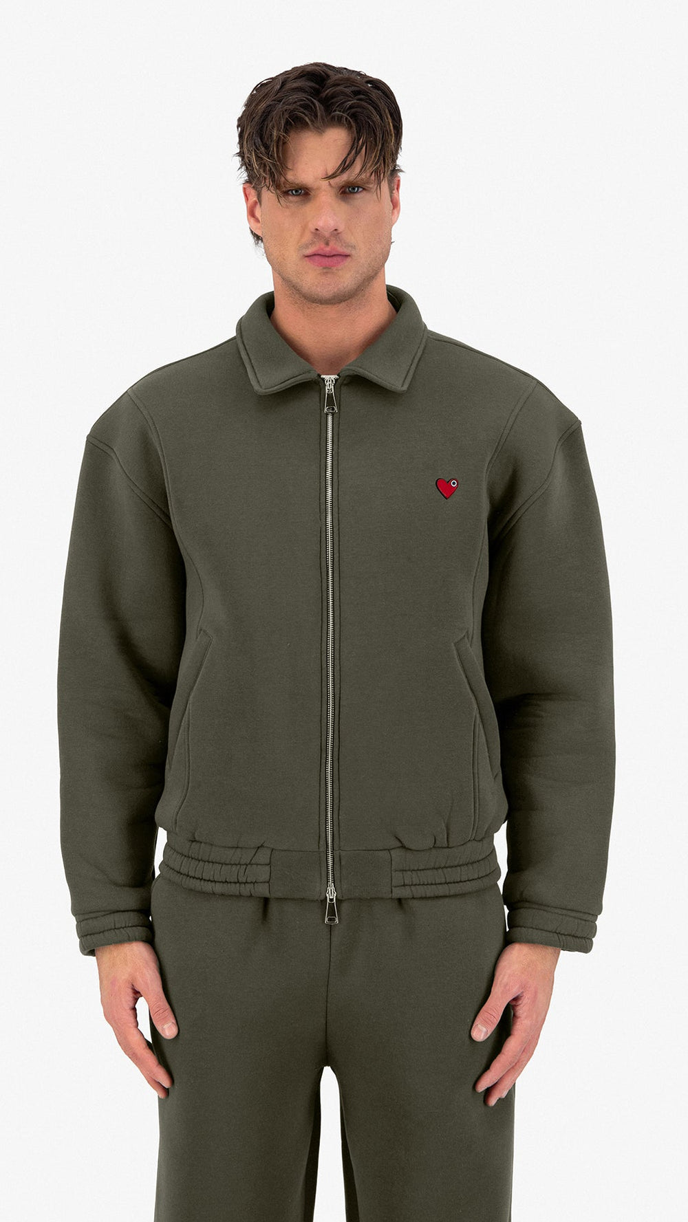 Neoprene Effect Zipper Hoodie Kaki