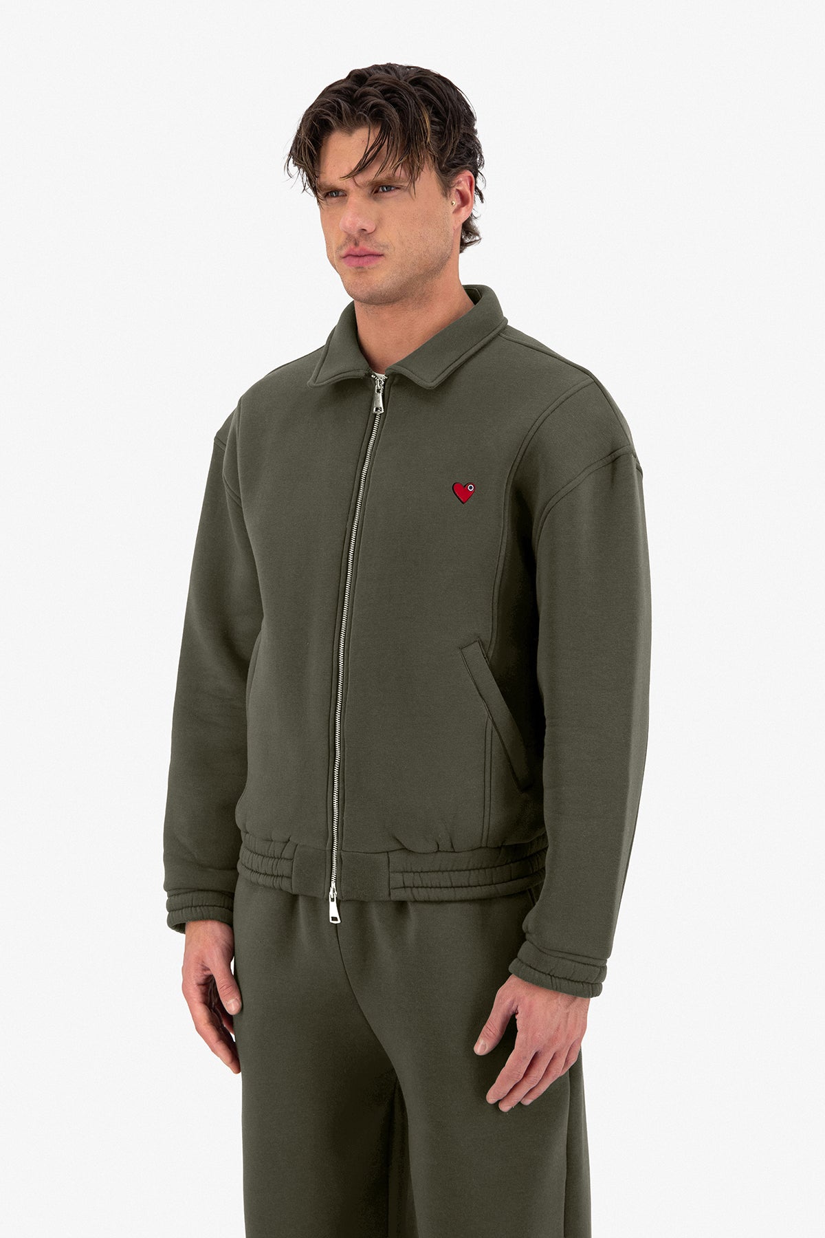 Neoprene Effect Zipper Hoodie Kaki
