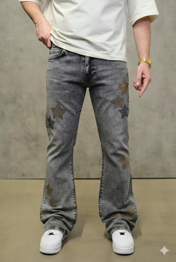 Jeans Flare Étoiles Strass Gris